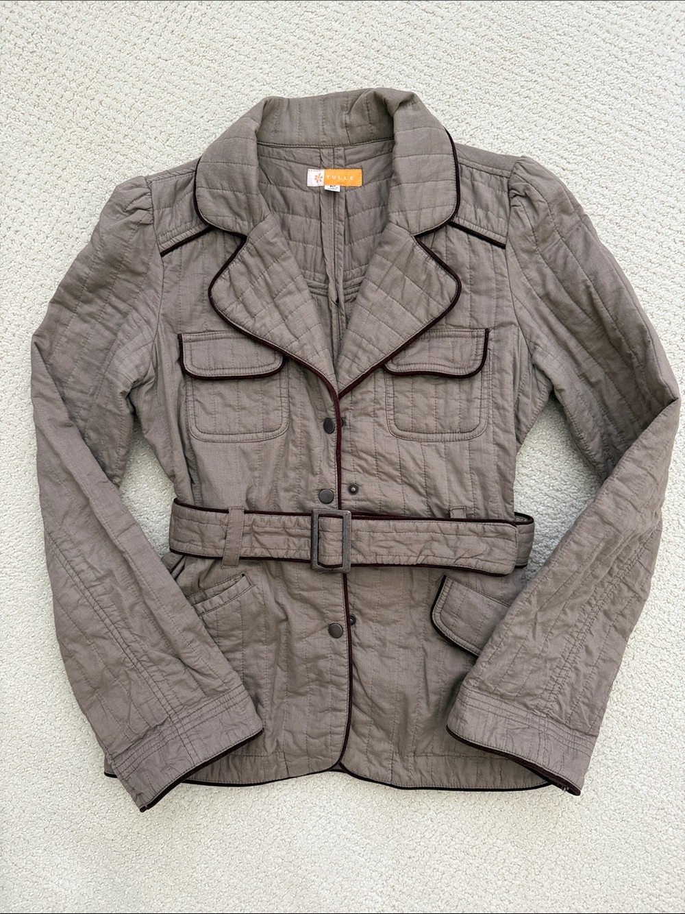 Tulle Quilted Taupe Belted Blazer with Contrast Piping